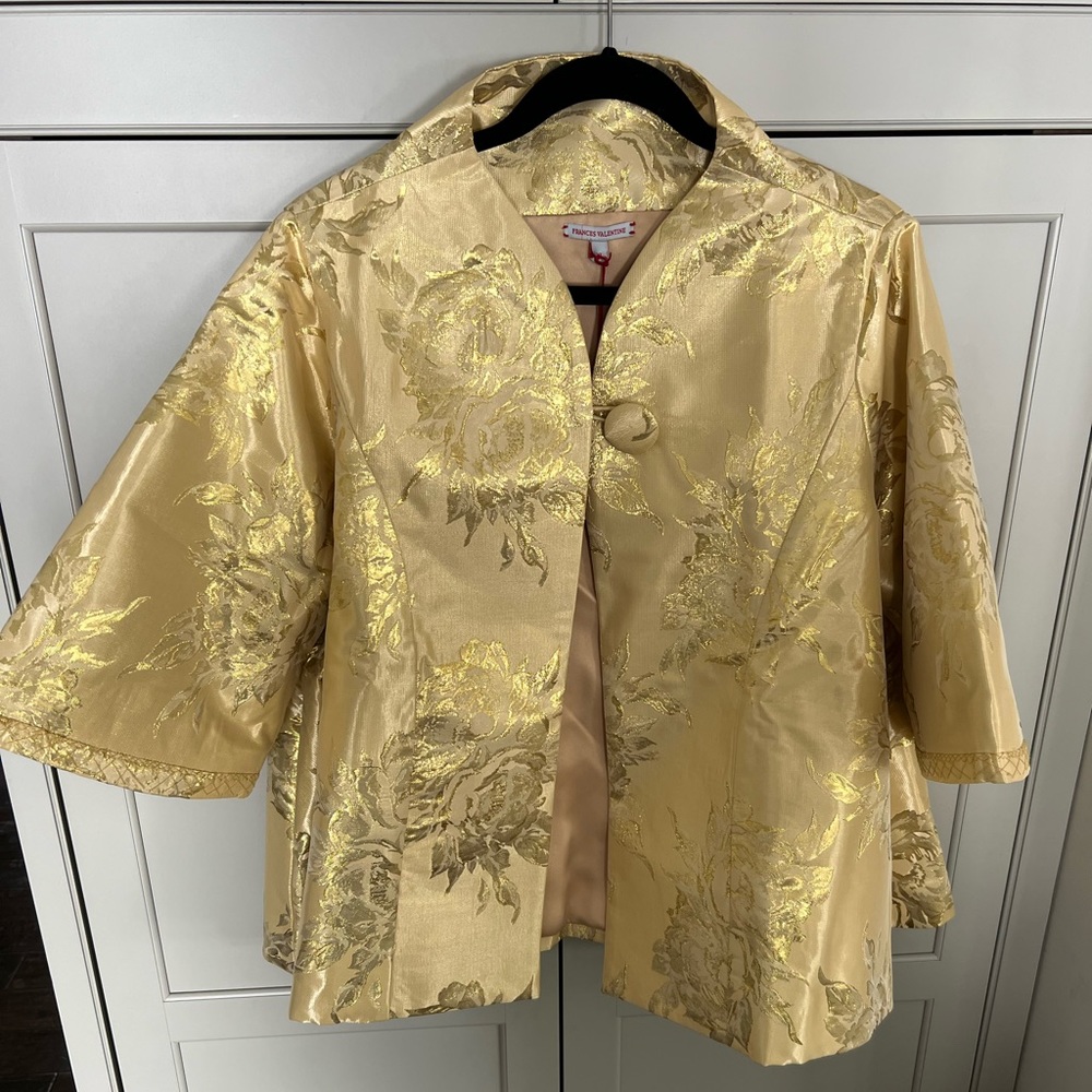 Frances Valentine Short Metallic Jacquard Swing Coat Platino XL NWT